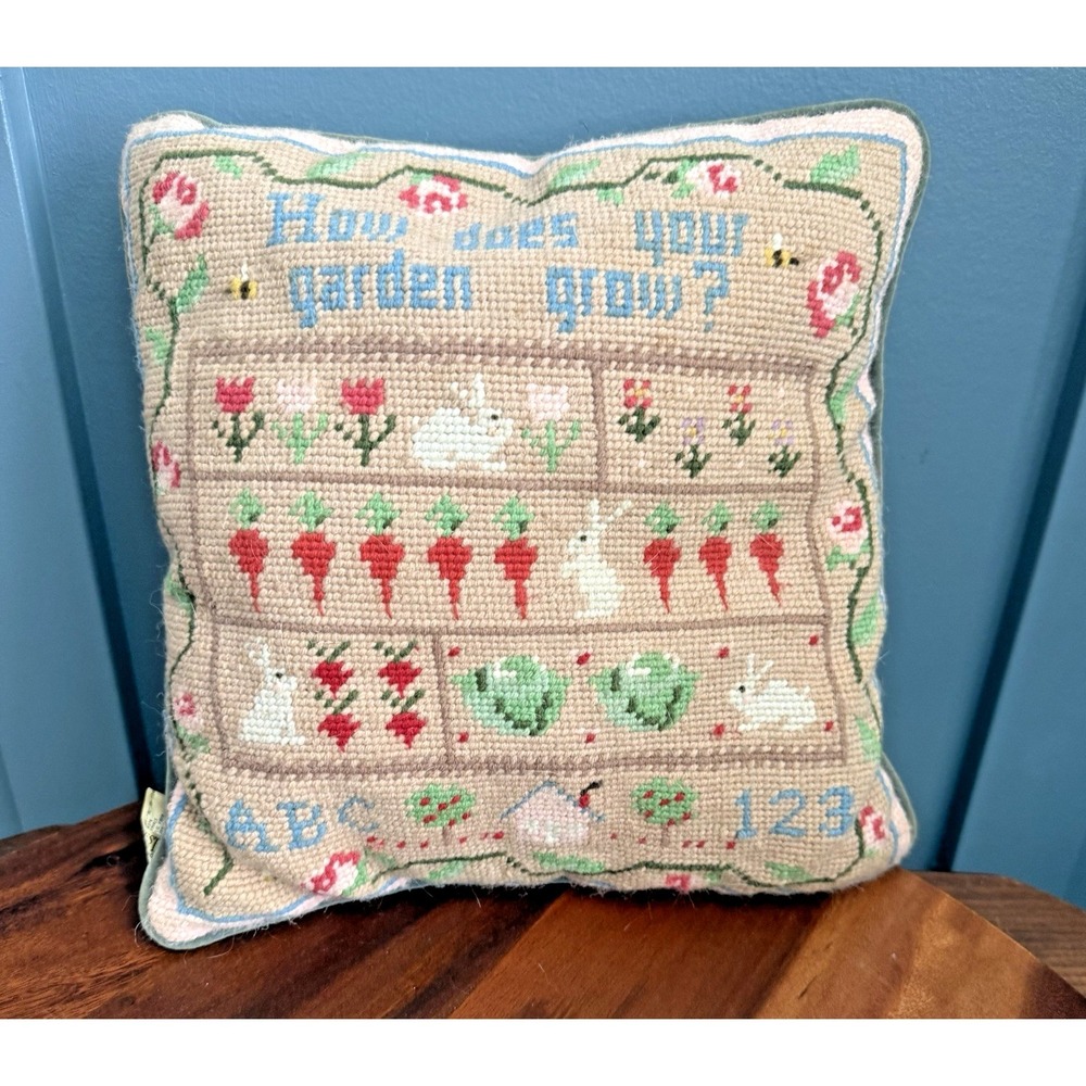 Vintage Midwest Needlepoint Pillow How Does Your Garden Grow Bunny Garden 11x11